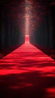 Red pathway leading through a mystical forest with a glowing doorway at sunset photo