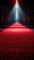 Red carpet leading to a spotlight in a dimly lit corridor during an exhibition or event photo