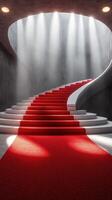 Elegant red carpet staircase illuminated by dramatic lighting in a modern venue photo