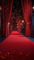 Elegant red carpet entrance decorated with draped curtains and soft lighting creates a glamorous atmosphere for events photo