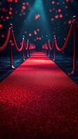 Elegant red carpet lined with velvet ropes leading to a glamorous event venue at night photo
