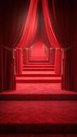 Red carpet leading to elegant curtains creates a dramatic entrance in a luxury venue during a gala evening event photo