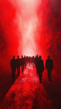 Mysterious red fog envelops group of people walking down a narrow path in an abstract setting during evening hours photo