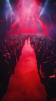 Large crowd gathers at a vibrant concert venue with red lighting during an electrifying performance photo