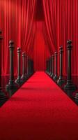 Luxurious red carpet entrance flanked by black stanchions against rich red curtains photo
