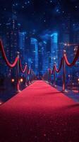 Vibrant red carpet leading to a city skyline under a starry night sky creates a glamorous atmosphere for an event photo
