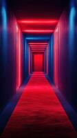 Brightly lit hallway showcasing vibrant red and blue neon lights leading to a closed door at the end photo