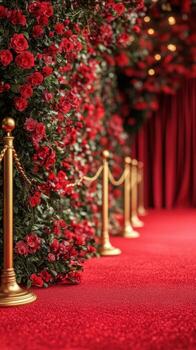 Elegant red carpet entrance adorned with roses and golden barriers for a special event in a luxurious setting photo