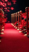 Bright red carpet lined with elegant flowers and golden stanchions creating a luxurious entrance pathway photo