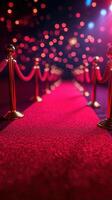 Red carpet event showcasing an elegant pathway lined with stanchions and lights during a glamorous evening photo