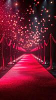 Red carpet walkway adorned with ropes and vibrant lights ready for a grand event celebration at night photo