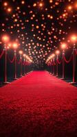 Elegant red carpet leading to a beautifully lit venue with glowing lights in the background photo
