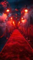 Red carpet entrance illuminated by dramatic lights and fog in an event space at night photo