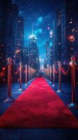 Red carpet leading through a city illuminated by stars and lights at night time photo