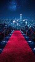 City skyline at night featuring a red carpet event with glowing lights and elegant barriers under a starry sky photo