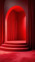 Vibrant red stage with arches and curtains creating an inviting atmosphere for performances or presentations photo
