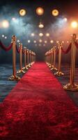 Red carpet event with elegant barriers and soft lighting creating a glamorous atmosphere at nighttime photo