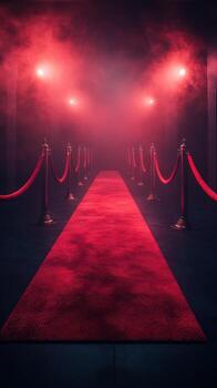Elegant red carpet walkway illuminated by bright lights and shrouded in fog, creating a dramatic and inviting atmosphere photo