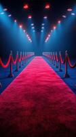 Luxurious crimson carpet pathway lined with velvet ropes in a spotlighted venue at night photo