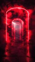 Vibrant red neon lights illuminate a misty corridor creating a striking atmosphere in an urban setting photo
