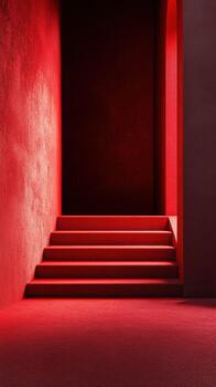 Exploring a vibrant red staircase in a minimalistic architectural setting during daylight hours photo