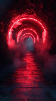Mysterious tunnel illuminated by red neon lights and shrouded in fog creates an eerie and captivating atmosphere photo