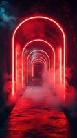 Neon-lit tunnel creates an immersive atmosphere with fog in a dark environment photo
