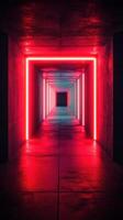 Vibrant neon corridor with glowing lights creates an intriguing atmosphere in an urban setting at night photo