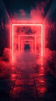 Neon-lit corridor with fog creating a mysterious atmosphere at night in an underground location photo