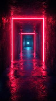 luces de neón pasillo con brillante resumido paredes crea un inmersivo visual experiencia en un oscurecido espacio foto