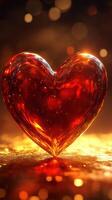 Heart-shaped crystal glistens with golden sparkles under soft warm light photo