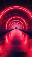 Vibrant tunnel illuminated by red neon lights creates an immersive visual experience in a modern urban setting photo