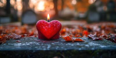 Red heart candle illuminating a graveyard during autumn sunset with fallen leaves around it photo