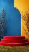 Brightly colored architectural display with steps and barren trees in an artistic outdoor setting photo