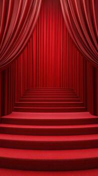 Red velvet curtains reveal a grand staircase leading to a stage illuminated by soft lights for an elegant performance photo