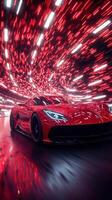 Bright red supercar speeding through a tunnel filled with vibrant light trails at night photo