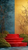 Creative red staircase leading up to a textured wall with blue and gold hues, surrounded by greenery on a sunny day photo