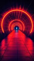 Neon-lit tunnel with vibrant red and blue lights creating an engaging atmosphere in an underground passage photo