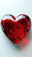 Heart-shaped glass object filled with vibrant red liquid resting on a smooth surface in a bright setting photo