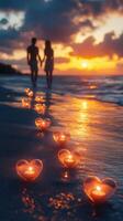 Couple holding hands on a beach at sunset with glowing heart candles in the sand photo