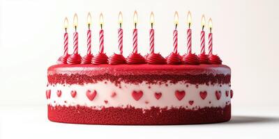 Red velvet cake with candles for a celebration on a white background photo