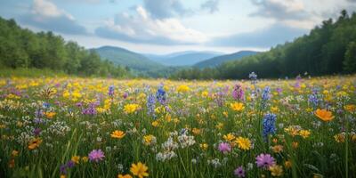 Vibrant summer wildflowers bloom across a valley in a serene countryside setting under a blue sky photo