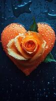 Heart-shaped orange rose with water droplets on a dark background creates a romantic and vibrant atmosphere photo