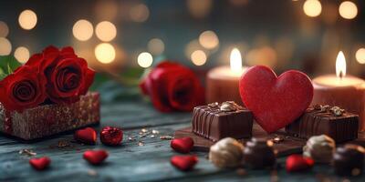 Romantic candlelight setting with chocolates, flowers, and heart decorations during a special occasion photo