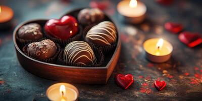 Heart-shaped box of chocolates arranged with candles for a romantic evening celebration photo