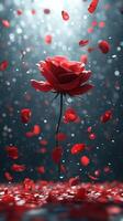 Floating red rose surrounded by falling petals in a dimly lit setting photo