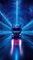 Heavy truck navigating through a futuristic illuminated tunnel at night photo
