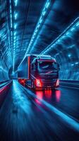 Black truck with blue neon lights driving through illuminated tunnel at night photo