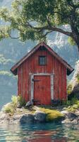 Charming red cabin by the serene lake surrounded by lush greenery in a picturesque natural setting photo