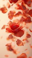 Beautiful red rose surrounded by floating petals against a soft background photo